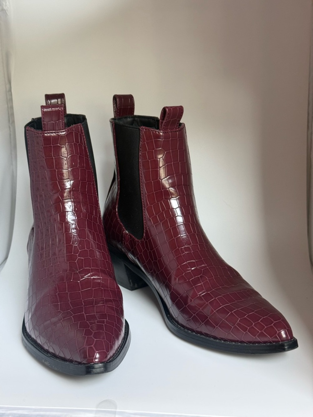Croc-Effect Burgundy Chelsea Booties